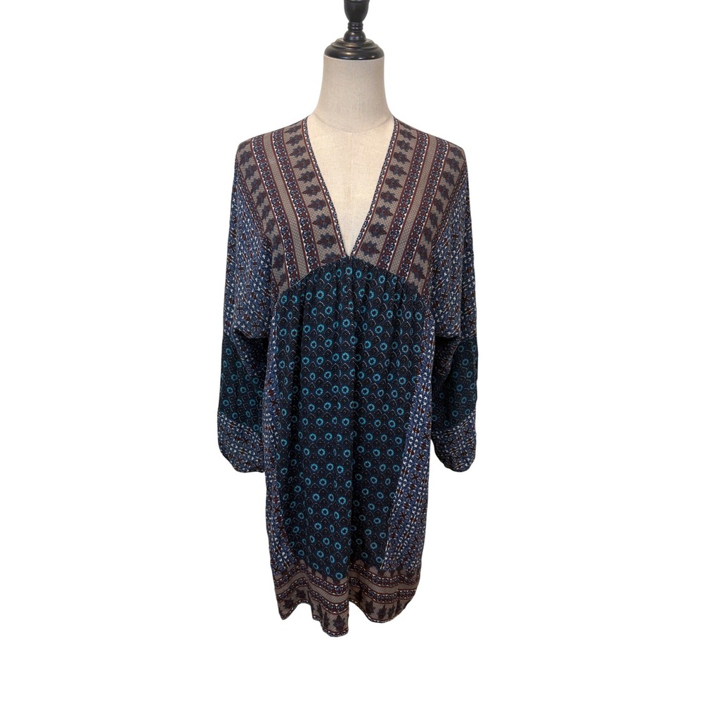 Umgee Tunic Dress Womens Large Blue Mixed Print Boho V-Neck Patchwork babydoll